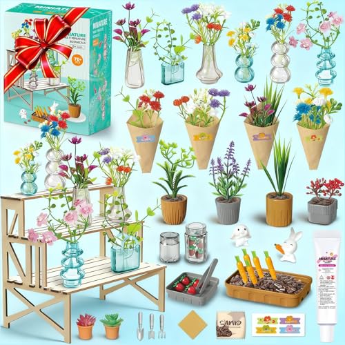 70 Pcs Make It Miniature Brands Nature Garden Plant with Wood Display Stand - color: Brown
