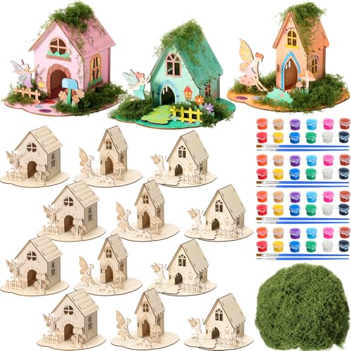 DoubleFill Wooden Fairy House Craft Kit with Paints, 12 Sets, Cute Tall - style: Cute Tall