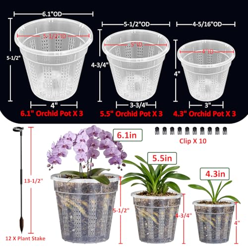 Orchid Pots, 9 Pack Orchid Pots with Holes and 12Pcs Plant Stakes, 3 Each of 4.3",5.5",6.1" Clear Plastic Plant Pot for Indoor Outdoor Plants(3 Each of 4.3",5.5",6.1") - style: 3 Each of 4.3", 5.5", 6.1"