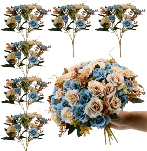 Rose Artificial Flowers Bouquet, 6 Packs Small Roses Flower, 10 Silk Rose Flowers Per Pack, Mini Fake Rose Flower Bunches, Miniature Roses for Decoration Home Wedding Table Centerpieces Decor, Blue - color: Autumn Collection in Blue