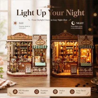 Book Nook DIY Miniature House Kit, 3D Wooden Puzzle Coffee House Dollhouse with Light & Tools, Creative Bookshelf Insert Craft Gifts for Adults Teens (Pavilion Coffee House) - color: Pavilion Coffee House