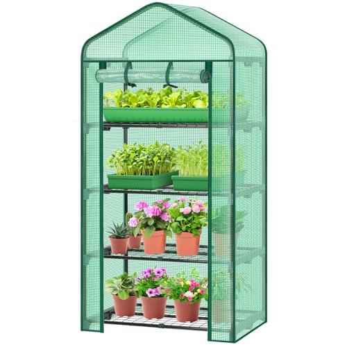 Ohuhu Mini Greenhouse for Indoor Outdoor, 27 x 19 x 62-Inch Small Plant Green House 4-Tier Rack Stand Portable Greenhouses with Durable PE Cover for Seedling, Ideal Gardening Gifts for Women Men - color: Green, size: 4 Tier Single Layer Roof