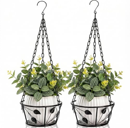 Goaste 2 Pack Metal Plant Hanger, Hanging Plant Holder with Ceiling Hook, Modern Plant Hanging Basket, Decorative Planter Flower Pots Shelf for Indoor Outdoor Use, Home Decor