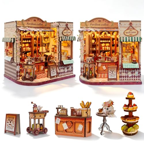 Book Nook DIY Miniature House Kit, 3D Wooden Puzzle Coffee House Dollhouse with Light & Tools, Creative Bookshelf Insert Craft Gifts for Adults Teens (Pavilion Coffee House) - color: Pavilion Coffee House