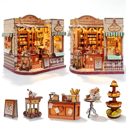 Book Nook DIY Miniature House Kit, 3D Wooden Puzzle Coffee House Dollhouse with Light & Tools, Creative Bookshelf Insert Craft Gifts for Adults Teens (Pavilion Coffee House) - color: Pavilion Coffee House
