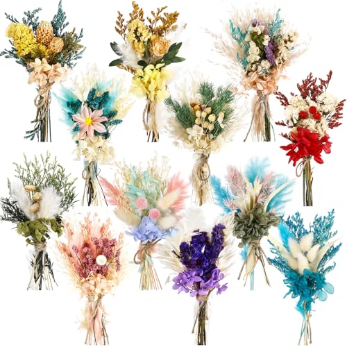 Layhit 12 Pcs Mini Dried Flower Bouquet Boho for Wedding,Hydrangea - style: Hydrangea