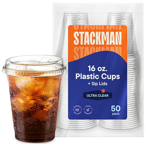 16 oz Clear Plastic Cups with Strawless Sip-Lids [50 Sets] PET Crystal Clear Disposable 16oz Plastic Cups with Lids - Crystal Clear, Durable Cup - BPA Free + Crack Resistant, for Coffee, Juice, Shakes - style: 16 oz.
