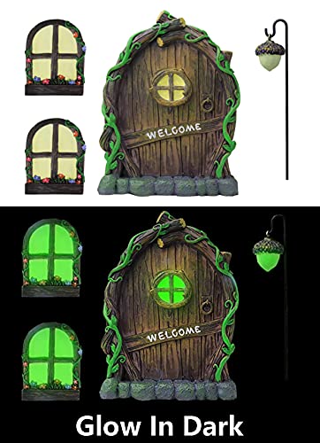 Resin Miniature Fairy Gnome Home Windows and Welcome Door with Fairy Lantern,Glow in Dark Art Sculpture for Trees Outdoor Indoor Garden Yard Wall Decorations