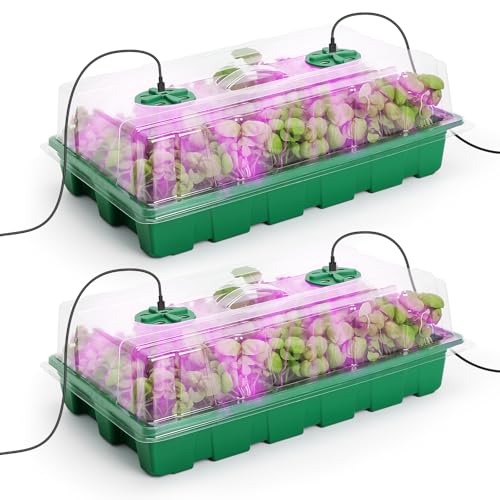 MIXC 2 Pack Seed Starter Tray with Grow Light, 80Cell Indoor Plant Grow Kit | Reusable Plant Germination Tray with Drainage Hole/Humidity Vented Dome, Green Seedling Tray for Indoor Planting starter Kit - color: Green, size: 40-Cell 2-Pack With Light