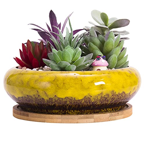 ARTKETTY Succulent Pots, 7.3 Inch Ceramic Bonsai Pots with Drainage Tray | Ceramic Plant Pots Indoor Shallow Cactus Pot Glazed Flower Plant Container Bowl - color: Yellow