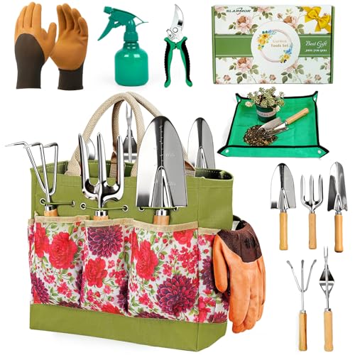 Garden Tool Set, 10 PCS Gardening Tools/Kit for Women,Gardener Gift | 10 PCS Gardening Essentials, Stainless Steel Hand Tools Tote Bag, Well-Designed Gardening Supplies Gifts for Women Gardeners - color: Green