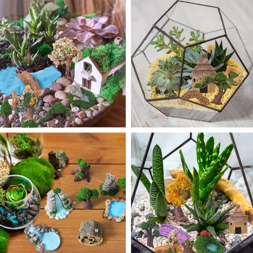 58 Pcs Miniature Garden Set Fairy House Bridge Rockery River Diorama Supplies Mini Terrarium Figurines Fairy Village Micro Landscape Ornament Model Trees for DIY Garden Decor Succulent Dollhouse Craft