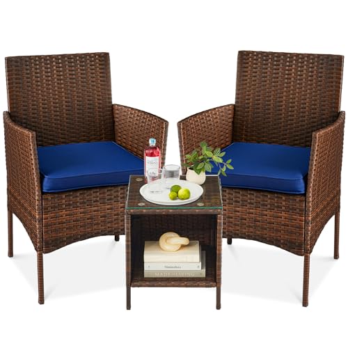 Best Choice Products 3-Piece Outdoor Wicker Conversation Bistro Set, Space Saving Patio Furniture for Garden w/Side Table - Brown/Navy - color: Brown/Navy