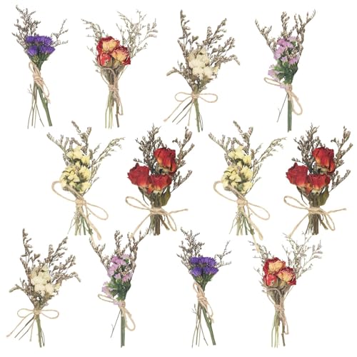 Demonwer 12 Pcs Mini Dried Flowers Bouquet Forget Me Not Lavender Rose Bouquets Natural Dried Flower with Stem Artificial Embossing Dry Arrangement for Vase DIY Craft Photo Props Wedding Decoration - color: Style 2- 12 Pcs
