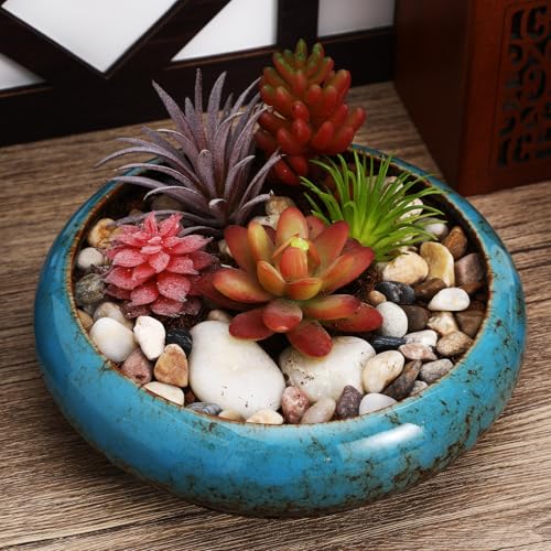 Toddmomy Lotus Flower Bowl Planter 6.88 Inch Round Shallow Ceramic Pot with Drainage Hole for Succulents Cacti Bonsai Indoor Plants Home Office Decor - size: 1pc