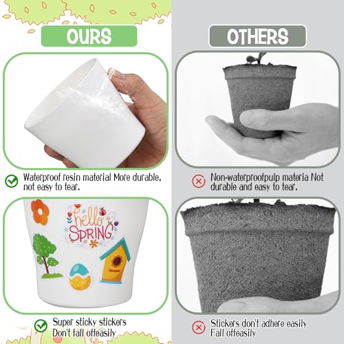 CIEOVO Garden Flower Pot Craft Kit, 24 Paintable Durable Resin Garden Pot with Tray Drainage Holes Adhesive Stickers and Plant Labels, Flower Plant Craft for Classroom Home DIY Flower Planting - color: White