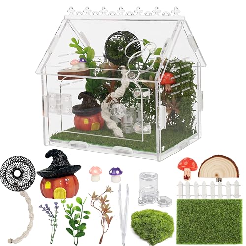 16Pcs Jumping Spider Enclosure Kit, 5.9"x3.9"x5.1" Arboreal Tarantula Habitat with Magnetic Lock & Decor, Acrylic Terrarium Complete Starter Kit for Small Spider, Praying Mantis, Reptile, Insect Cage