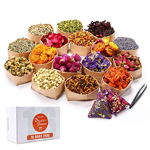 15g/Bag Dried Flowers,100% Natural Dried Flowers Herbs Kit for Soap Making, DIY Candle Making,Bath - Include Rose Petals,Lavender,Don't Forget Me,Lilium,Jasmine,Rosebudsand More(16 Bags) - color: 16 Bags*15g
