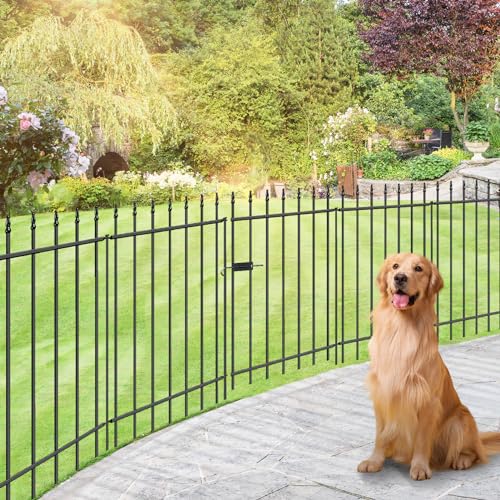 Decorative Metal Garden Fence with Gate 36" x 10', Dog Fence Outdoor | 1 Gate + 4 panels, Wrought Iron Fencing with Stakes for Yard & Backyard, No-Dig Fence with Roman Column Decor, Black - size: 36″H x 10ft (1Gate+4Panels)