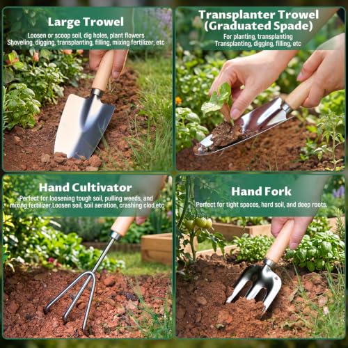 Gardening Tool Set, Heavy Duty Stainless Steel Hand Tools with Wooden Handles, Storage Tote Bag, Ergonomic Design, Ideal Gardening Gifts for Women, Men, Mom and Dad