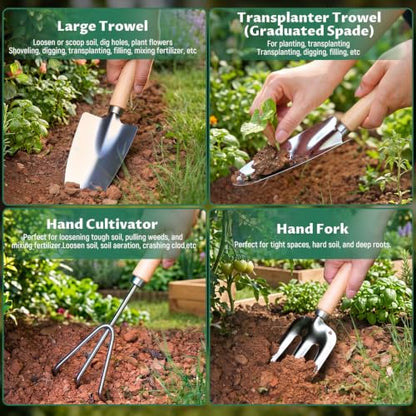 Gardening Tool Set, Heavy Duty Stainless Steel Hand Tools with Wooden Handles, Storage Tote Bag, Ergonomic Design, Ideal Gardening Gifts for Women, Men, Mom and Dad