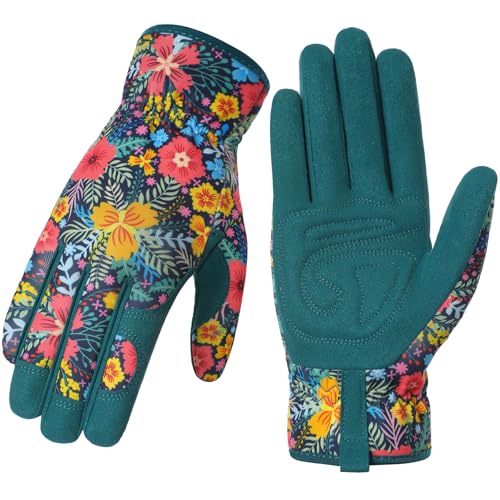 Gardening Gloves for Women, Breathable Leather Garden Gloves,Gardening Gift | Gardening Gift for Lady, Thorn-Proof Puncture-Resistant Work Gloves for Weeding, Digging, Planting Yard Farm and Outdoor Work - color: Navy Blue - Yellow Flowers