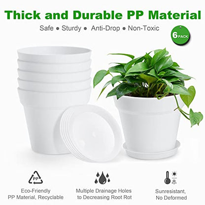 4 Inch Plastic Plant Pots 6 Pack with Drainage Holes and Tray，White | Small Flower Pots, Thickened Indoor Planters Seedlings Nursery Pots, African Violet, Succulent and All House Plants, - color: White, size: 6 Pack-4in