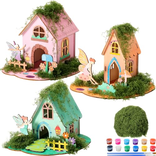 DoubleFill 3 Sets Wooden Fairy House Kit Craft - DIY Fairy Garden with Paints & Decorations - Arts Crafts & Birthday Gift for Craft Activity Party Decor (Cute Tall) - style: Cute Tall