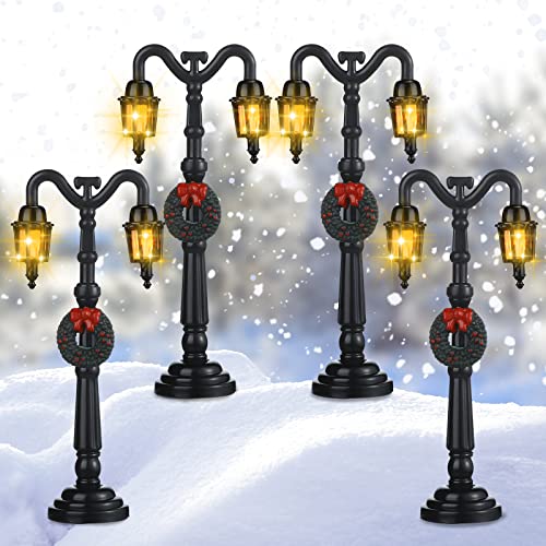 Mudder 4 Pcs 4 Pcs Christmas Miniature Village Lamp Post Light, Artsy | Vintage Lantern for Dollhouse Pathway, Train Layout, Lighted Black Design with Wreath, Fairy Garden Tabletop Accessory - color: Artsy Style