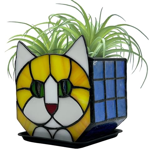 Stained Glass Cat Planter Pot with Drainage and Tray, Perfect for Succulents and Indoor Plants, Ideal Plant Gifts for Women and Orange Cat Lovers 4.6x5.15x3 in （Excluding Plants） - color: Orange — White