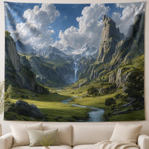 Hidden Elven Realm Tapestry, Mountain Waterfall Wall Decor, 60x50 Inches | Hidden elven realm tapestry with mountain waterfalls, river valley, cliffs, and dramatic clouds for fantasy room decor. - color: Cerulean Blue