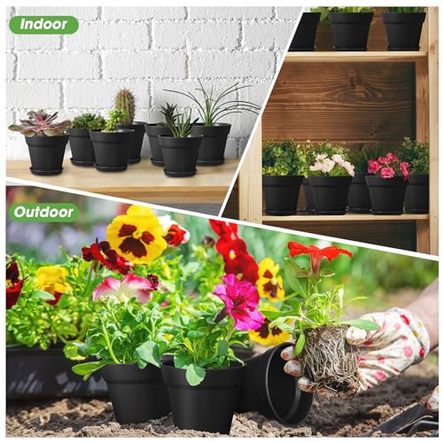 Mumufy 54 Pack 4 Inch Plant Pots Bulk Small Planter with Drainage Hole and Saucer Small Plastic Pots for Flowers Succulent Cactus and All House Indoor(Black) - color: Black