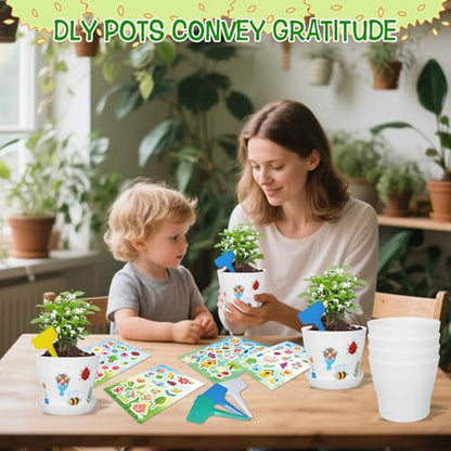 CIEOVO Garden Flower Pot Craft Kit, 24 Paintable Durable Resin Garden Pot with Tray Drainage Holes Adhesive Stickers and Plant Labels, Flower Plant Craft for Classroom Home DIY Flower Planting - color: White