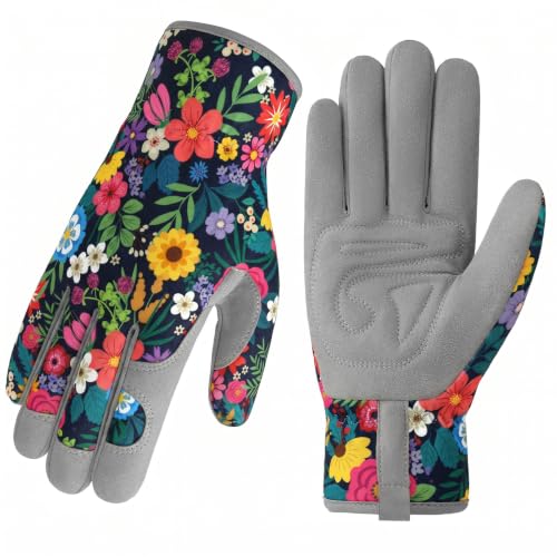Gardening Gloves for Women, Breathable Leather Garden Gloves,Gardening Gift | Gardening Gift for Lady, Thorn-Proof Puncture-Resistant Work Gloves for Weeding, Digging, Planting Yard Farm and Outdoor Work - color: Black - Grey Flowers