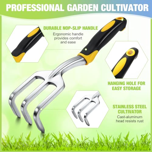 Yaocom 12 Pcs Hand Rake Garden Tool Mini Rake Heavy Duty Garden Cultivator 11 Inches Small Rake for Gardening Aluminum Alloy Hand Tiller with Soft TPR Handle for Digging Weeding Loosening Soil - color: Yellow, Green, style: 3-tine Rake
