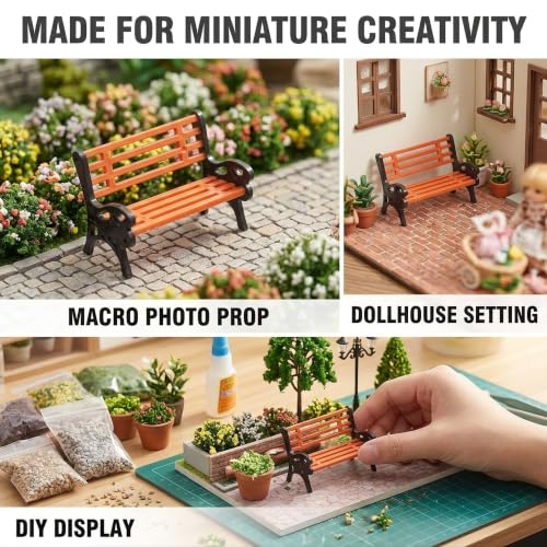 3Pcs Miniature Park Bench Set 1:24 Scale Brown Garden Seats with Realistic Detailing, Tiny Park Benches for Dollhouse and Fairy Garden Accessories, Train Platform and Miniature Landscape