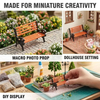 3Pcs Miniature Park Bench Set 1:24 Scale Brown Garden Seats with Realistic Detailing, Tiny Park Benches for Dollhouse and Fairy Garden Accessories, Train Platform and Miniature Landscape