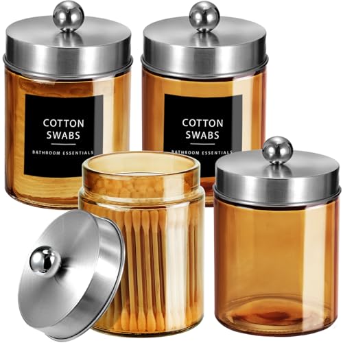 Amolliar Bronze Amber Glass Apothecary Jar Qtip Holder Brushed Nickel 4Pack | Bathroom Canister With Metal Lid, Q tip Dispenser Holder for Cotton Balls, Cotton Swabs, Floss Picks, Vanity Makeup Organizer - color: Brushed Nickel, size: 4 Pack