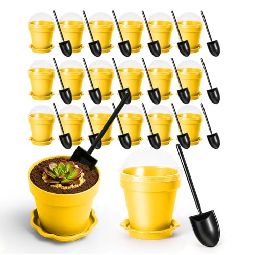20 Pcs Nursery Pots with Humidity Dome, Flower Pot Dessert Cups with Bring A Plate and Shovel, Planting Cups for Seeds for Indoor Gardening and Plant Propagation(Yellow) - color: Yellow