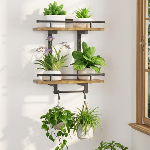 LASZOLA Floating Plant Shelves Holder Wall Mounted Indoor, 1 Pack Plant Hangers Stand with 2 Hooks, Metal and Wood Flower Hanging Display for Bedroom Living Room Kitchen Office Bathroom Decor, Brown - color: Standard Brown, size: 1