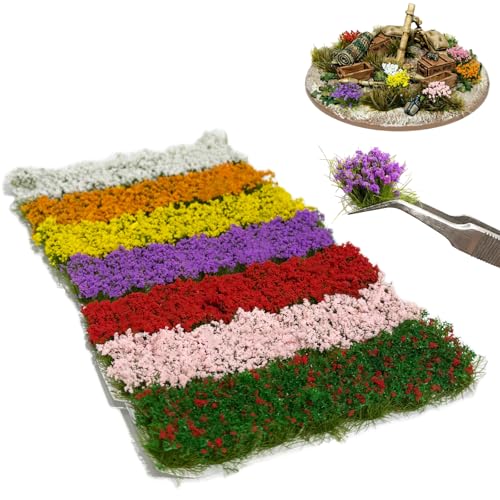 98 Pcs Miniature Static Grass Tufts for Dioramas Supplies, Realistic 7 Colors Mini Flowers for Woodland Model Train Scenery, Landscape, Architecture, Military Sand Table, Garden