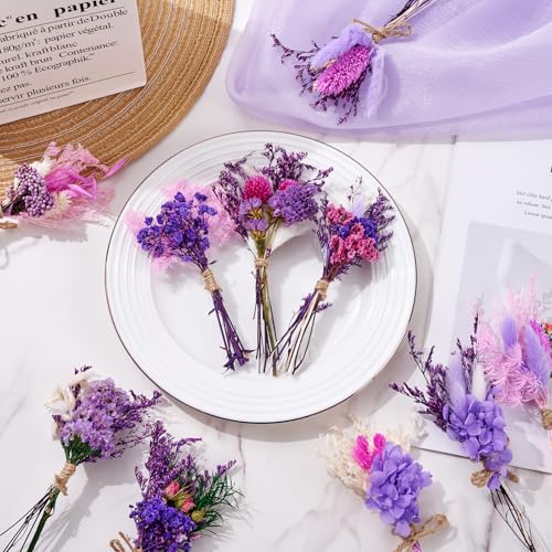 12/24 PCS Charming Dried Flowers Bouquet for Vase Various Dried Wildflowers with Stems Mini Handmade Wildflowers Natural Real Flowers Bulk Flowers Craft (Purple Series, 12 PCS) - color: Purple Series