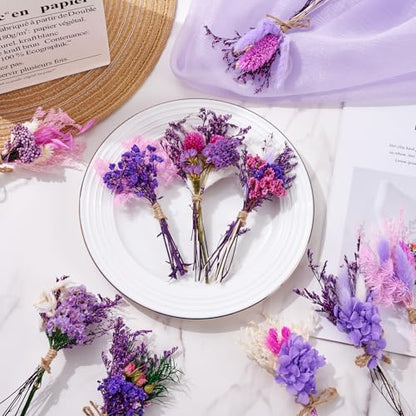 12/24 PCS Charming Dried Flowers Bouquet for Vase Various Dried Wildflowers with Stems Mini Handmade Wildflowers Natural Real Flowers Bulk Flowers Craft (Purple Series, 12 PCS) - color: Purple Series