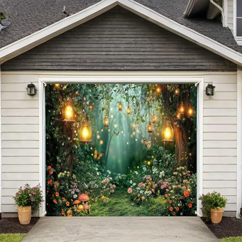 Spring Enchanted Forest Garage Door Decorations Cover, Fairy Tale Wonderland Garden Garage Door Banner Backdrop, Mushroom Butterfly Woodland Fairy Tea Backdrops Party Decor Banner Cover 8X6FT - color: Green, size: 8X6FT