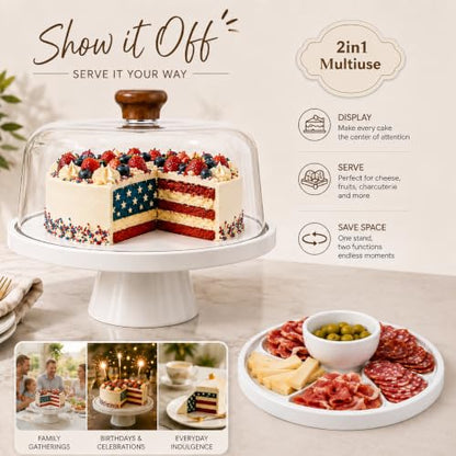 Acacia Wood Cake Stand with Lid Anti-Mold 12 Inch - 2-in-1 Wooden Charcuterie Board - Covered Dessert Plate with Acrylic Dome - Vintage Pastry Display - Tall Domed Serving Stand Platter - size: White – Fixed Base