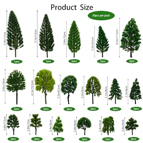 30 pcs 2.4-5.9 inches Mixed Miniature Trees,Model Trees,Mini Trees for Diorama Projects,Landscape Projects,Train Layout,School Projects,HO Layout, Miniature Houses,Fairy Garden (No Base)
