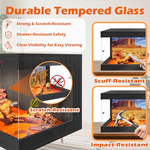 ROYXEN Reptile Tank, 30 Gallons Reptile Enclosure with Lockable Design, Tempered Glass Bearded Dragon Tank for Lizard Habitat, Soild Wood Built-in Sockets (Black, 24"x16"x15.5") - color: Black, size: 24"x16"x15.5"
