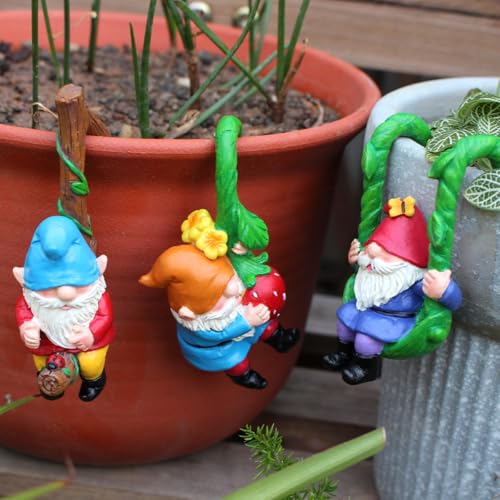 Set of 3 Cute Climbing Gnome Figurines Flower Pot Hugger, Resin Hanging Gnomes Statue Outdoor Decor Fence Ornaments for Patio Lawn Garden Yard (Swing Gnome) - color: Swing Gnome