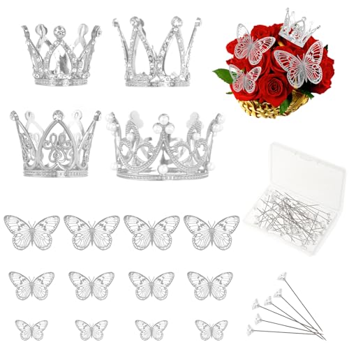 66PCS Flower Bouquet Accessories Silver, Cake Crown Topper, Mini Crowns Decoration for Birthday Wedding - color: Silver