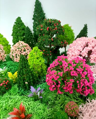 Mixed Model Trees, Model Train Scenery, 37Pcs, Miniature Trees with Moss for Building Model, Natural Green Landscape, Railroad Scenery